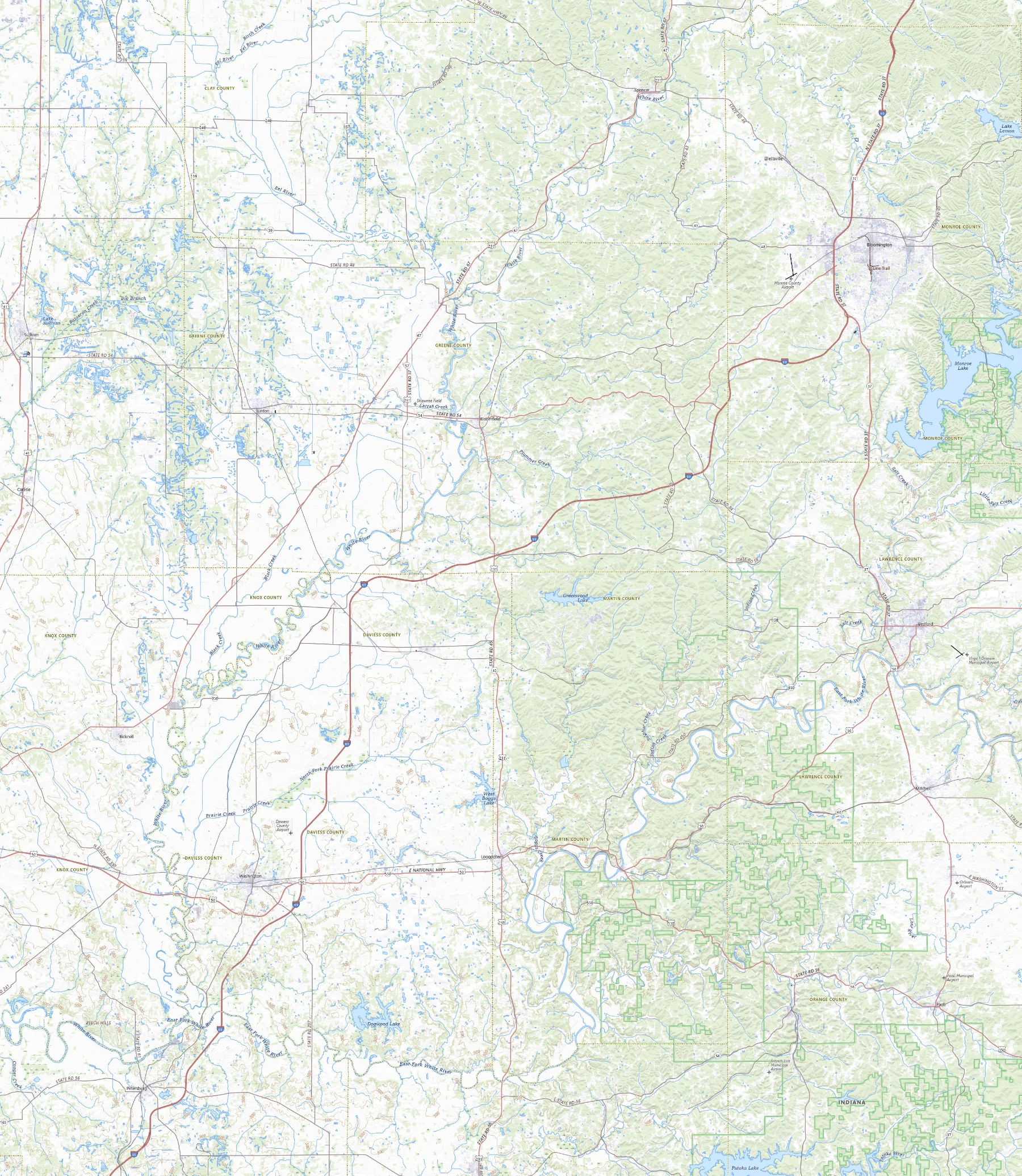USGS topographic basemap of the Odon–Bloomington area in Indiana.